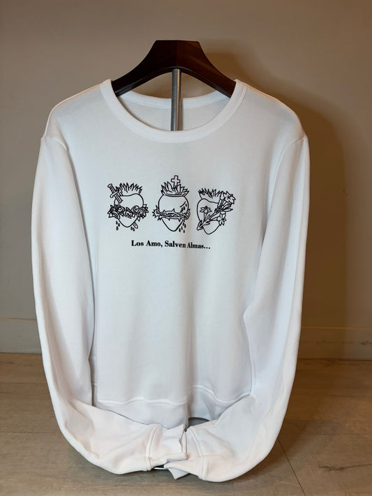 White Sweater with Three Hearts Jesus, Mary and Joseph.